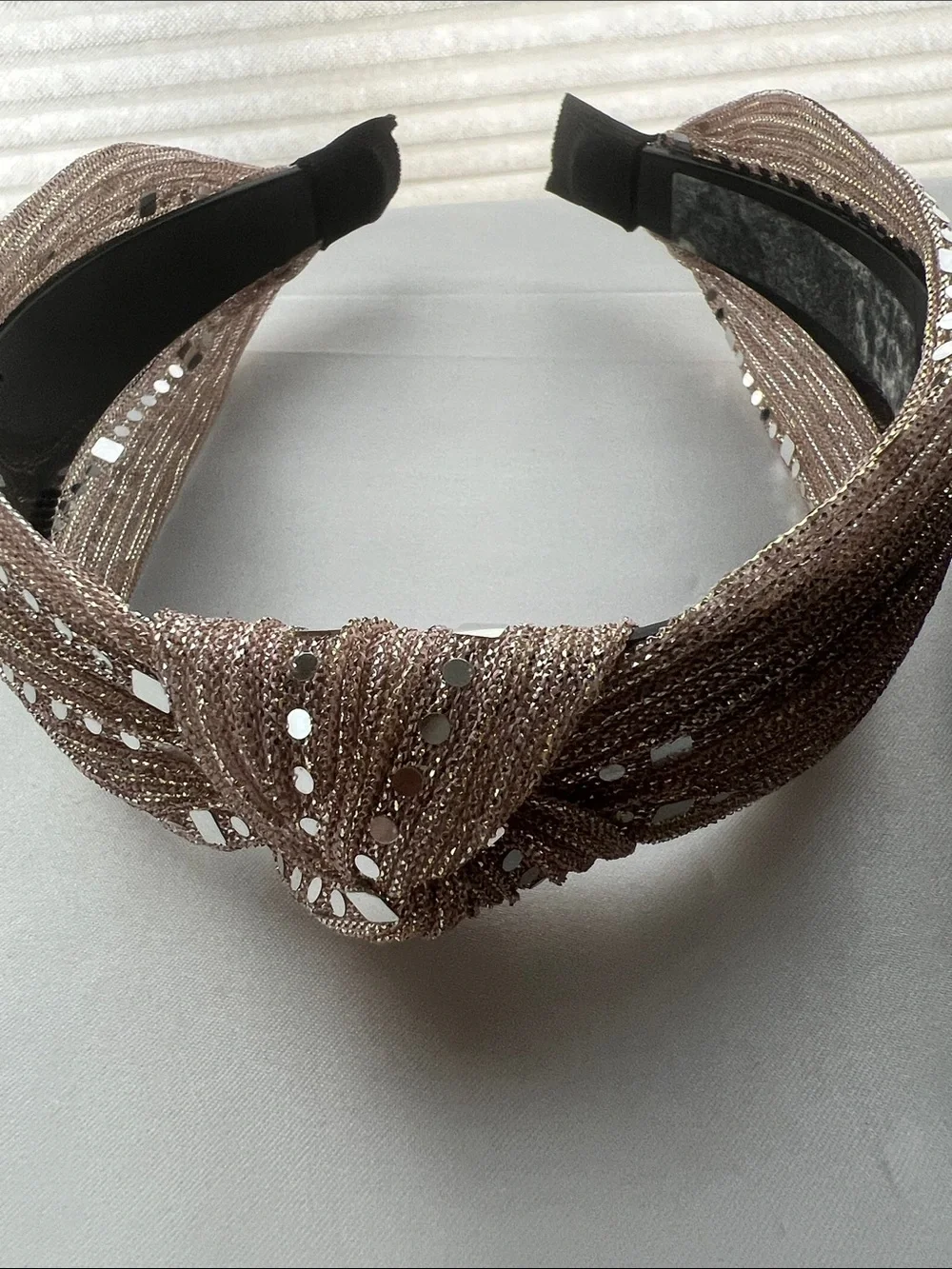 Shimmering Sequin and Bead Accent  Knotted Headband - Black and Tan set of 2